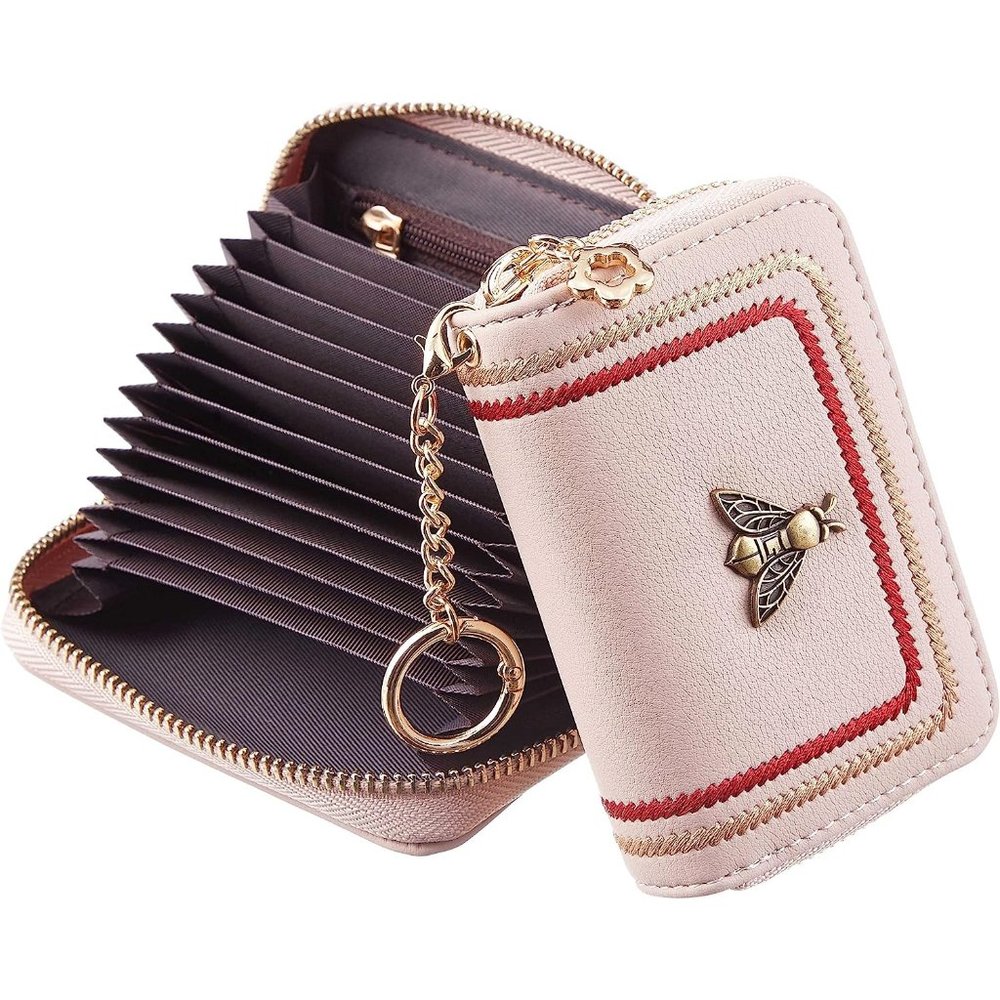 Women Pink Zipper Credit Card Case Holder Key Chain Bee Wallet Coin Pocket